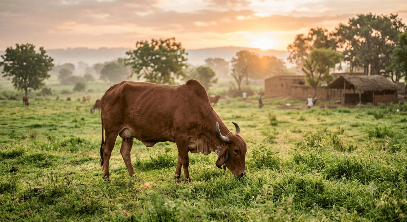 Desi cow grazing in an open pasture