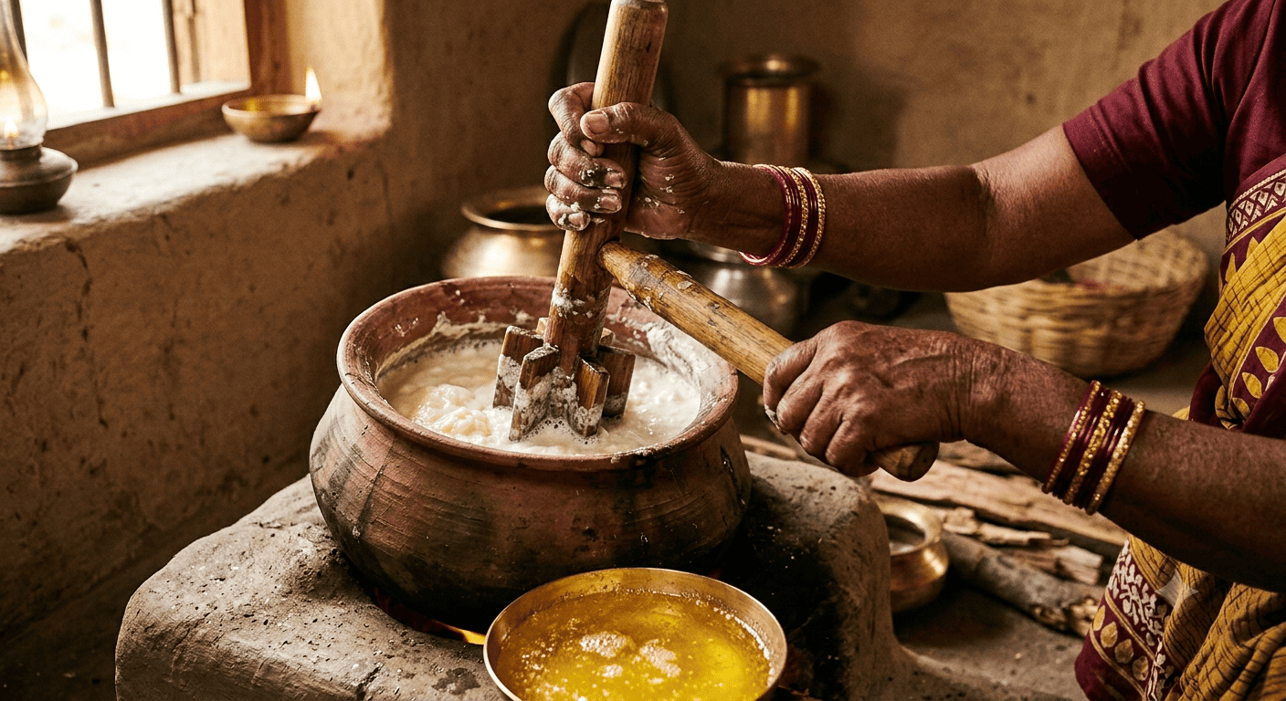 Traditional bilona method ghee making